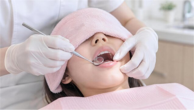 アイタオルを掛けた患者の口腔内をミラーで検査する手元