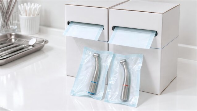 滅菌パックに入った歯科用ハンドピースと包装材