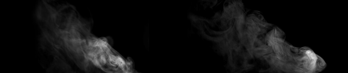 White smoke plume isolated on a black background, featuring flowing wisps and soft vapor forms for dramatic overlays, special effects, cinematic designs, atmospheric compositions, creative projects. © buraporn