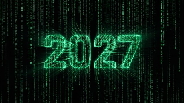 Glowing 2027 numbers made of green binary data streams in matrix style with binary code data stream digital background future year