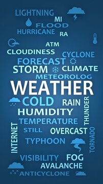 A word cloud of weather terms like FORECAST, STORM, CLIMATE, TEMPERATURE and HUMIDITY with sky icons. It presents meteorology, science, nature, seasons, reports and atmospheric conditions themes.