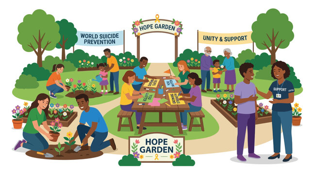 Community garden event for suicide prevention and mental health support, with people planting and crafting.