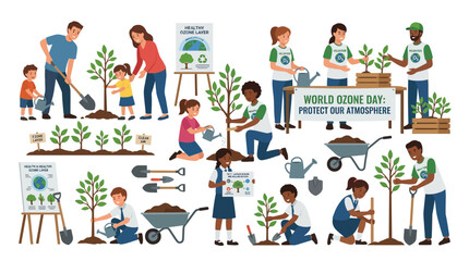 Fototapeta premium World Ozone Day: People Planting Trees, Protecting Atmosphere, Saving Earth