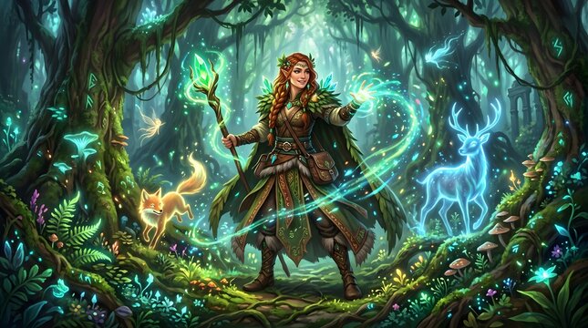 Female elf druid mage in green robes holding a glowing wooden staff, surrounded by luminescent plants and magical spirit animals in an enchanted forest