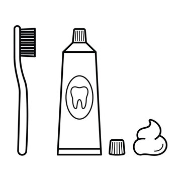 Toothbrush and toothpaste tube with cap and paste dollop black outline sketch drawing
