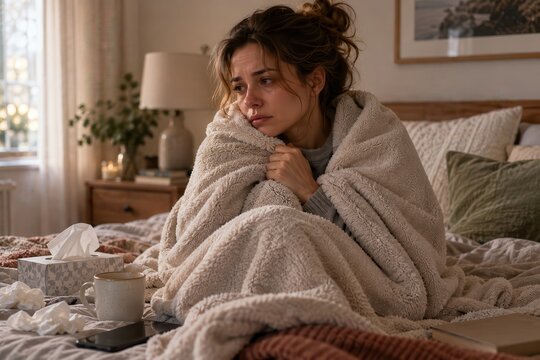 Young woman wrapped in a cozy blanket sits on a bed surrounded by tissues, a mug, and a smartphone, with soft lighting and a warm interior setting creating a comforting atmosphere