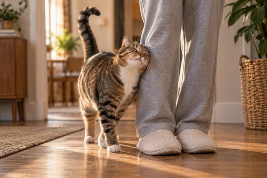 Domestic cat with striped fur rubs against the legs of a person wearing gray sweatpants and slippers in a cozy living room with wooden flooring and natural light streaming through the windows