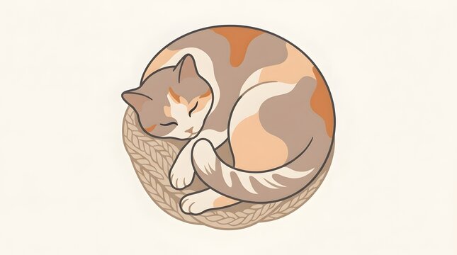 Cute calico cat sleeping curled up on a knitted round cushion