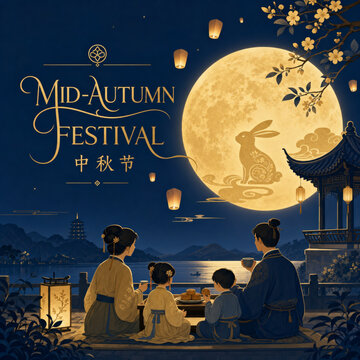 Mid Autumn Festival illustration featuring a family enjoying the full moon, glowing lanterns, traditional scenery, and a peaceful evening atmosphere.