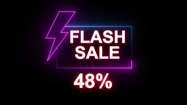 Neon text word letter isolated on black color for promotion sale and for clearance sale and for promote sale season. Glowing neon line of FLASH SALE 48% sign banner for promo video. online marketing.