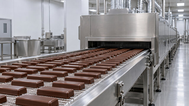Chocolate Bars Exiting Industrial Cooling Tunnel