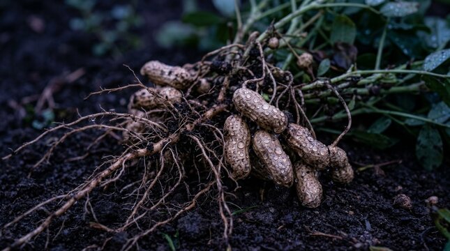 Freshly harvested raw peanuts still attached to the plant roots lying on dark soil in a farm field