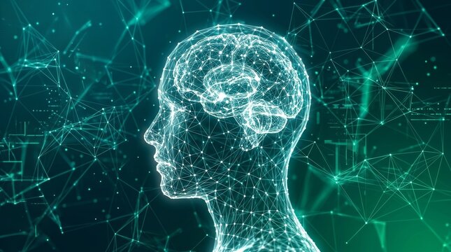 Human head profile silhouette formed by digital network nodes and glowing connections representing concept
