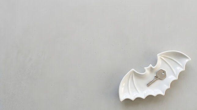 Minimalist white ceramic bat-shaped catchall trinket dish holding a single metal key on light grey polished concrete surface for quiet luxury modern Halloween concept