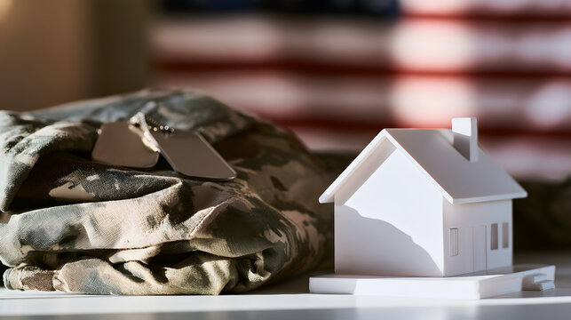 The idea of a veteran returning home in a uniform, with dog tags and a house illustration, set against an American flag backdrop. VA mortgage and housing assistance for servicemembers
