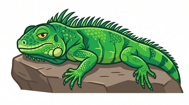 Green iguana reptile resting on a stone rock vector cartoon illustration isolated on white background