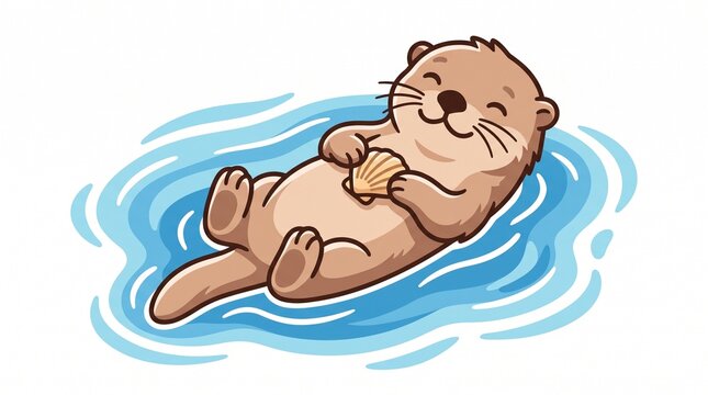 Cute cartoon otter floating on its back in blue water holding a seashell illustration