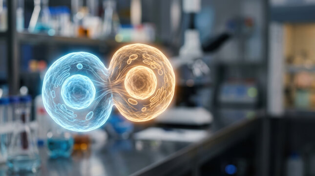 Cell division biotech patent disputes inspire glowing blue and orange cell research in modern laboratory setting