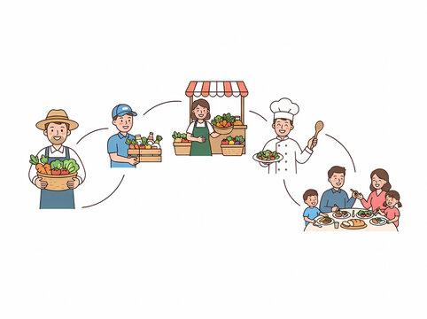 Community Food Chain Illustration Showing Farm to Table Process from Harvesting to Family Dinner Vector Drawing