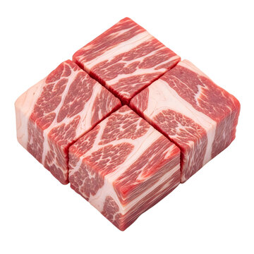 Freshly cut beef steak cubes on white background