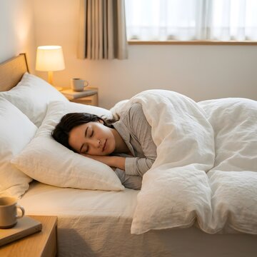 Woman sleeping comfortably in bed with soft warm lighting and white duvet
