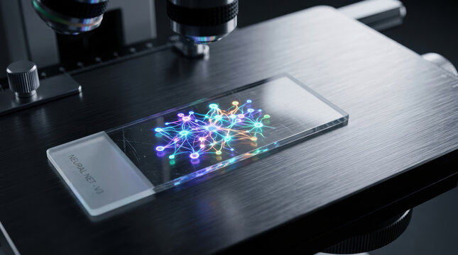 Biotech patent disputes reveal colorful molecular research beneath microscope with precise laboratory detail and scientific innovation