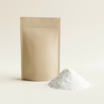 Blank beige paper pouch bag for food or cosmetic product packaging with a small pile of white powder beside it. baking soda packaging