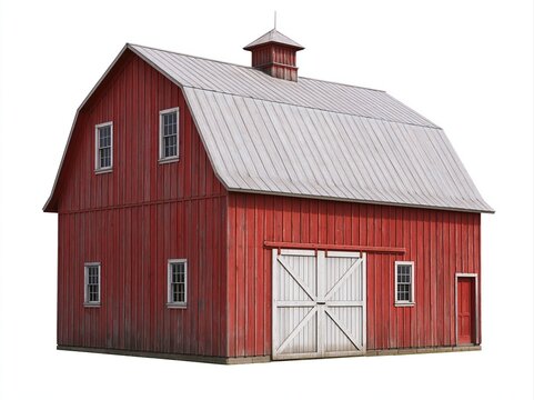 Barn and rustic red farm building with white doors for rural country architecture