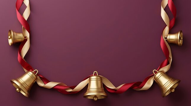 Festive golden christmas bells hanging on a decorative red and gold ribbon against a dark purple background