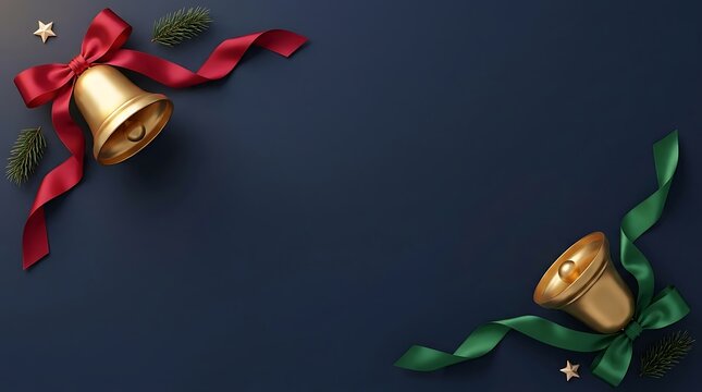 Two golden christmas bells with red and green ribbons placed on a dark blue background surface