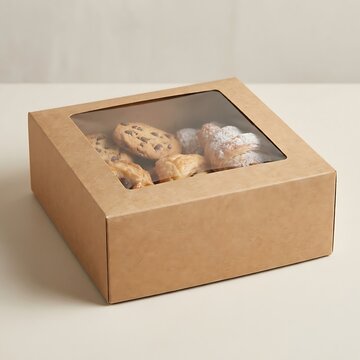 Square brown cardboard food box with a clear plastic window containing fresh cookies for takeaway delivery sale. bakery box mockup