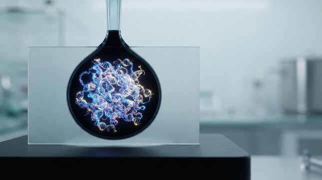 Personalized medicine genomics research showing glowing genetic molecule inside laboratory glassware