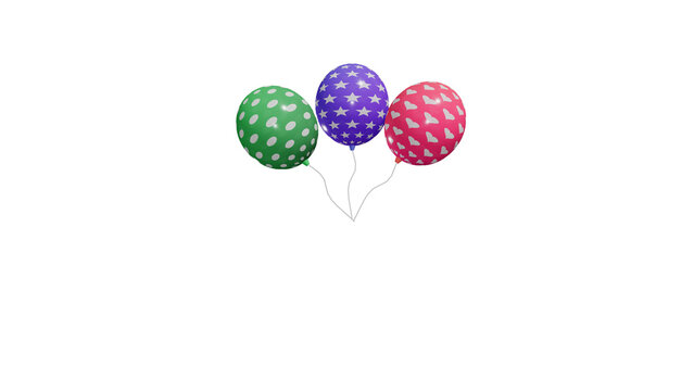 A PNG image of a Three colorful decorative balloons featuring white patterns of polka dots stars and hearts floating together against a clean white background in a vibrant festive celebration concept 