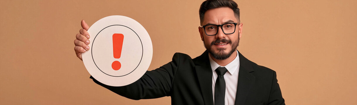 Attention Please: A professional man in a suit holds a sign with an exclamation mark, indicating an important announcement or warning.