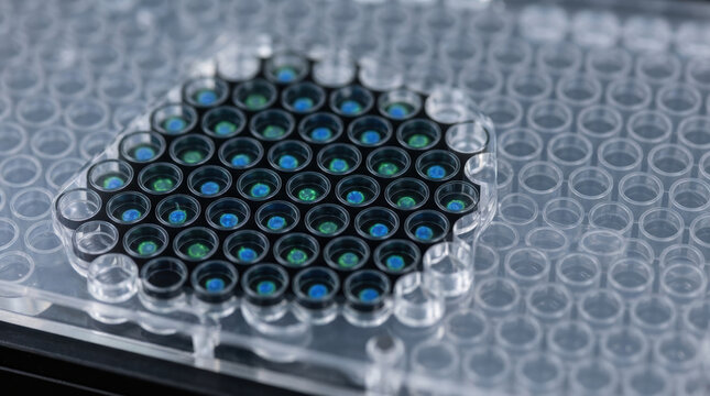 Personalized medicine genomics research uses microplate for precise laboratory analysis supporting scientific discovery and medical progress
