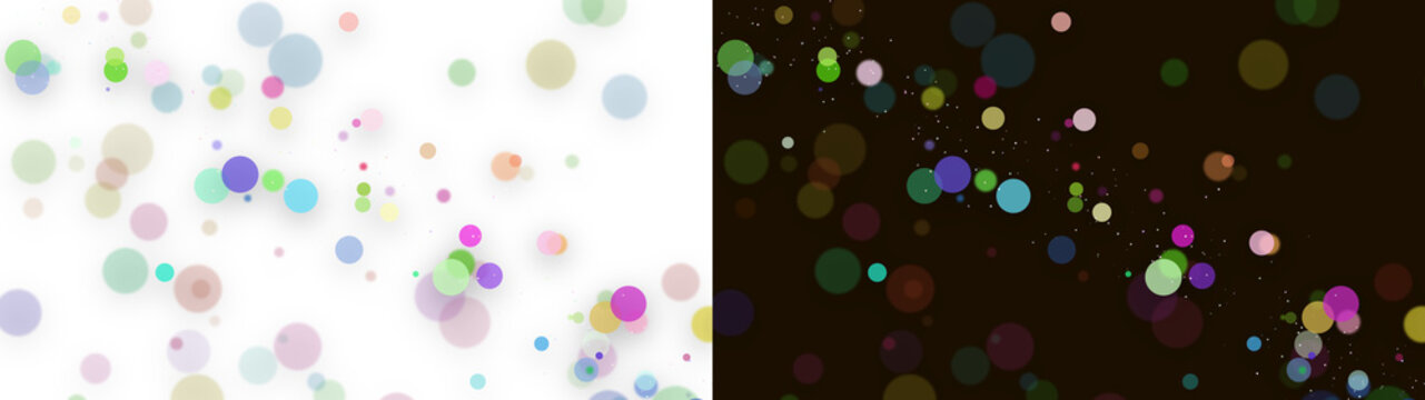A PNG image of a Abstract background design featuring vibrant multicolored floating circular bokeh elements distributed across a split dual tone white and black canvas surface created using digital gr