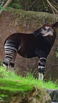 Okapi Standing Near a Small Waterfall in a Lush Forest Habitat