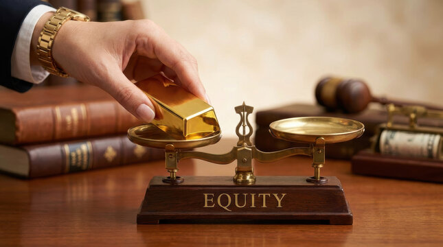 Ttax strategy concepts. Businessperson placing gold bar on equity scale symbolizing financial balance