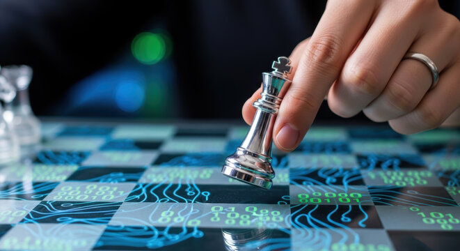 Workforce planning using data improves readiness shown by hand moving chess piece on digital board symbolizing strategy and decision making