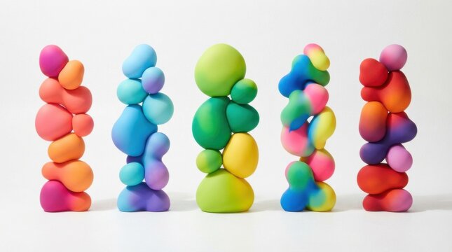 Five colorful abstract towers made of stacked rounded shapes on a white background