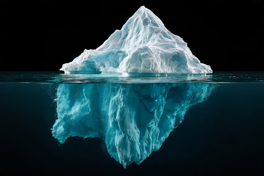 Large blue iceberg floating in dark ocean water with climate change ice cap crystal clear