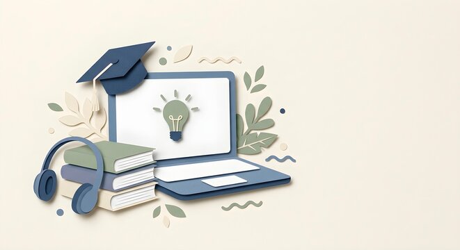 Minimalist paper cut composition of online education with laptop, graduation cap, books, headphones and lightbulb on cream background
