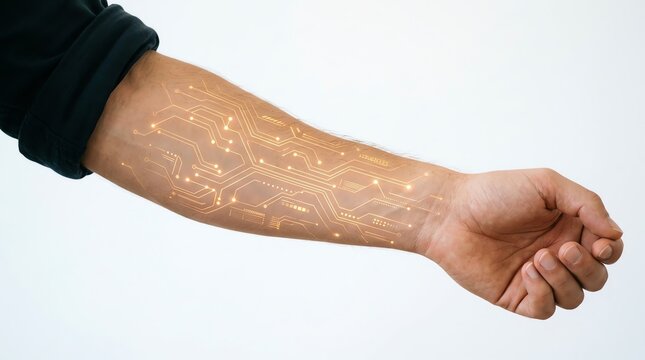 Human arm with glowing digital circuit overlay symbolizing technological integration and the future of human augmentation