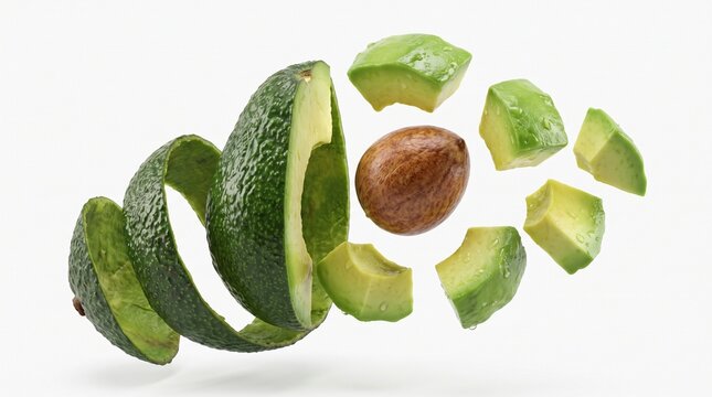 Flying Avocado Spiral - High quality creative spiral peeled avocado skin floating on a
white background