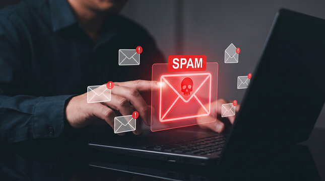 Man typing on a laptop computer with virtual holographic spam mail icons and malware warning symbols