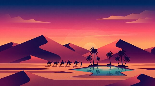 Flat Vector Desert Sunset Landscape with Camel Caravan and Oasis