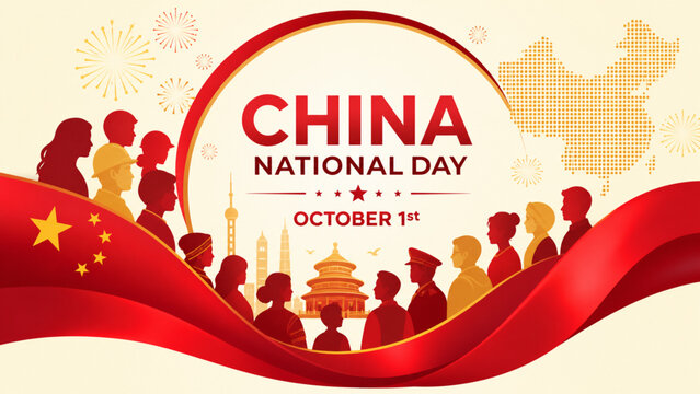 China National Day 2026 banner featuring Chinese flags, red waves, festive silhouettes, and October 1 typography for national celebrations, cultural events, social media, and promotional designs.