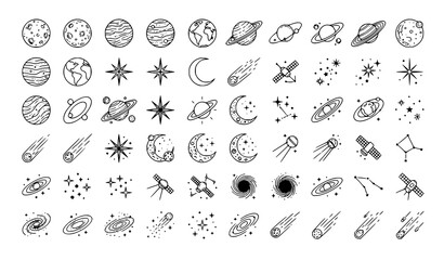 Universe Planets and Satellites Linear Outline Vector Illustration Set © Md Monirul