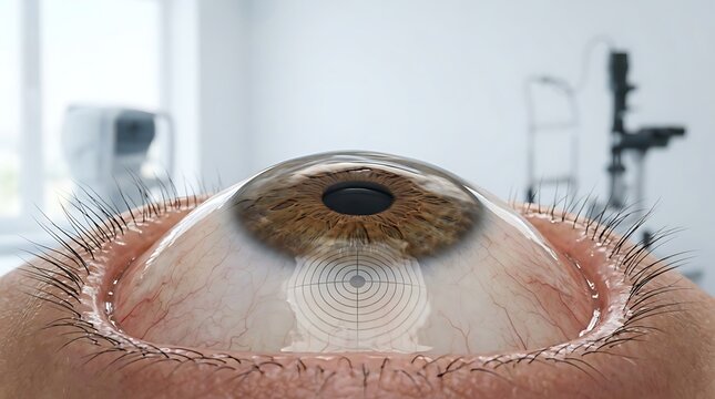 Macro view of human eye with digital laser scan overlay in clinic