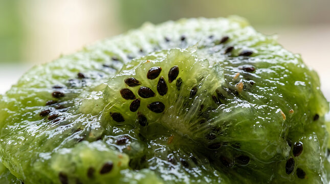 Macro shot of juicy sliced kiwi fruit with black seeds, healthy food